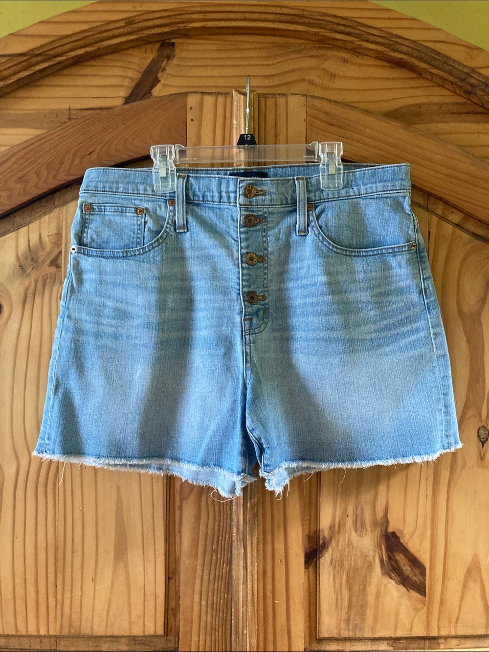 Women’s J. Crew High-Rise blue frayed hem button fly jean shorts size 31